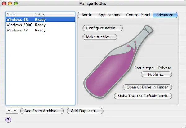 「CrossOver Mac 6.0」のボトル管理