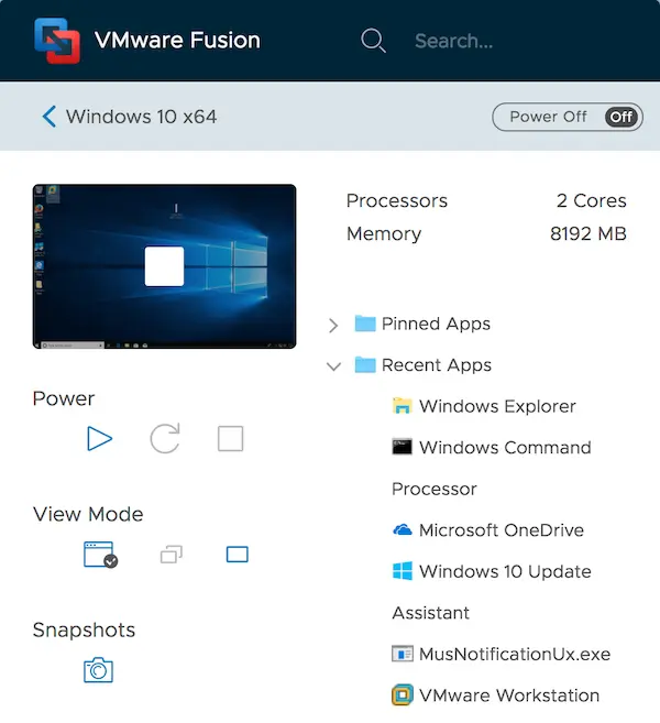 「VMware Fusion 2018」のアプリケーションメニュー