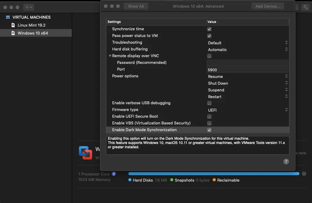 「VMware Fusion 11.5」のダークモードシンクの設定画面